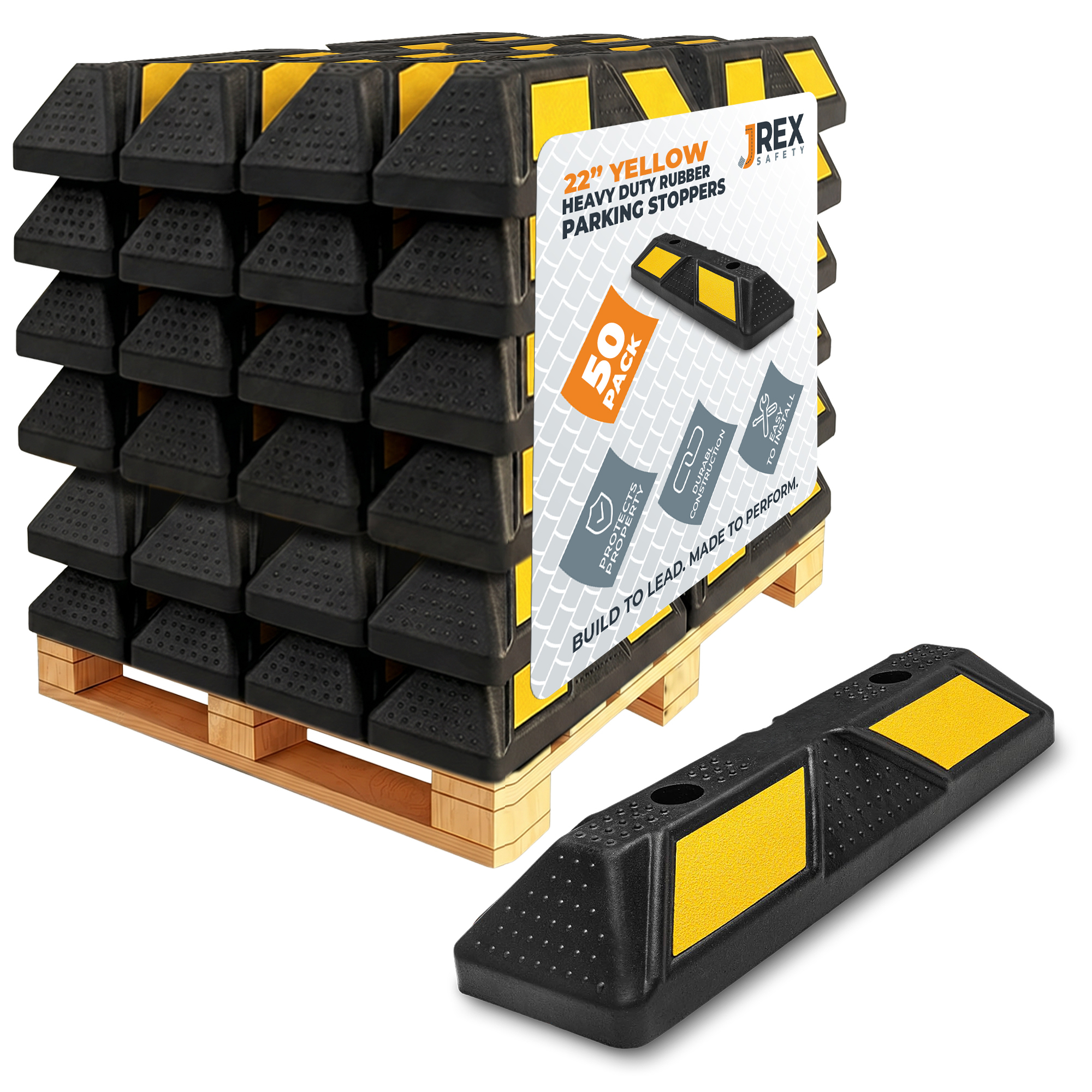 22" Rubber Parking Block Curb Stop - Yellow Reflective Strip - 50 Pack